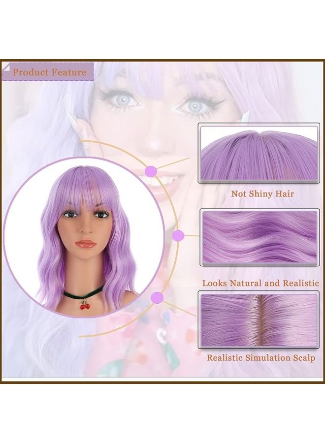 eNilecor Lavender Purple Wig Short Colorful Wavy Bob Wigs with Air Bangs 12" Natural Wigs for Women - Image 4
