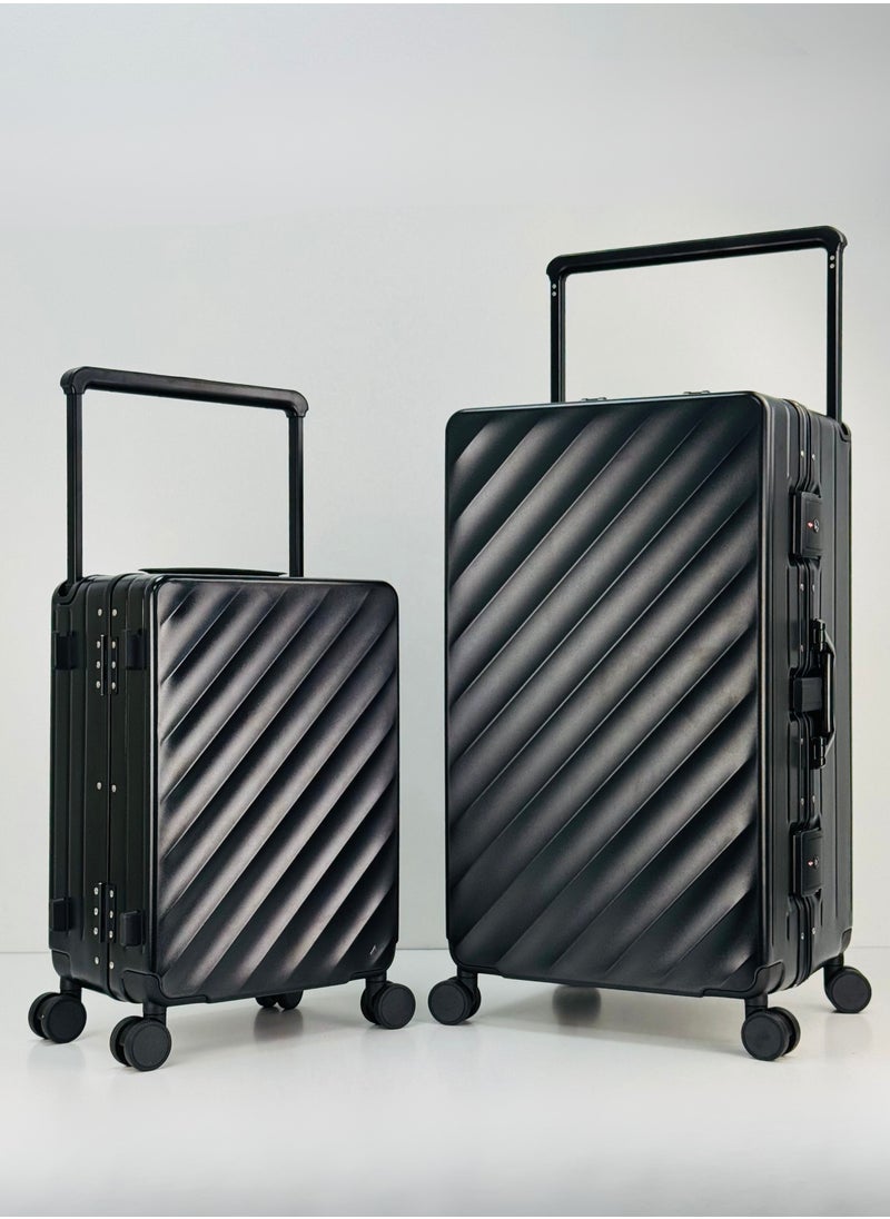 Light Weight Wide Handle Aluminum Frame Fashion Trolley Luggage Set of 2-piece Unbreakable Polypropylene and Polycarbonate Strong Hard Suit Case with Dual Strong TSA approved lock and 4 Quite 360° Double wheels and Original 100% Aluminum Frame with free protection Cover (Carry-on Luggage and Checked Luggage 20-Inch/28-Inch) - BLACK