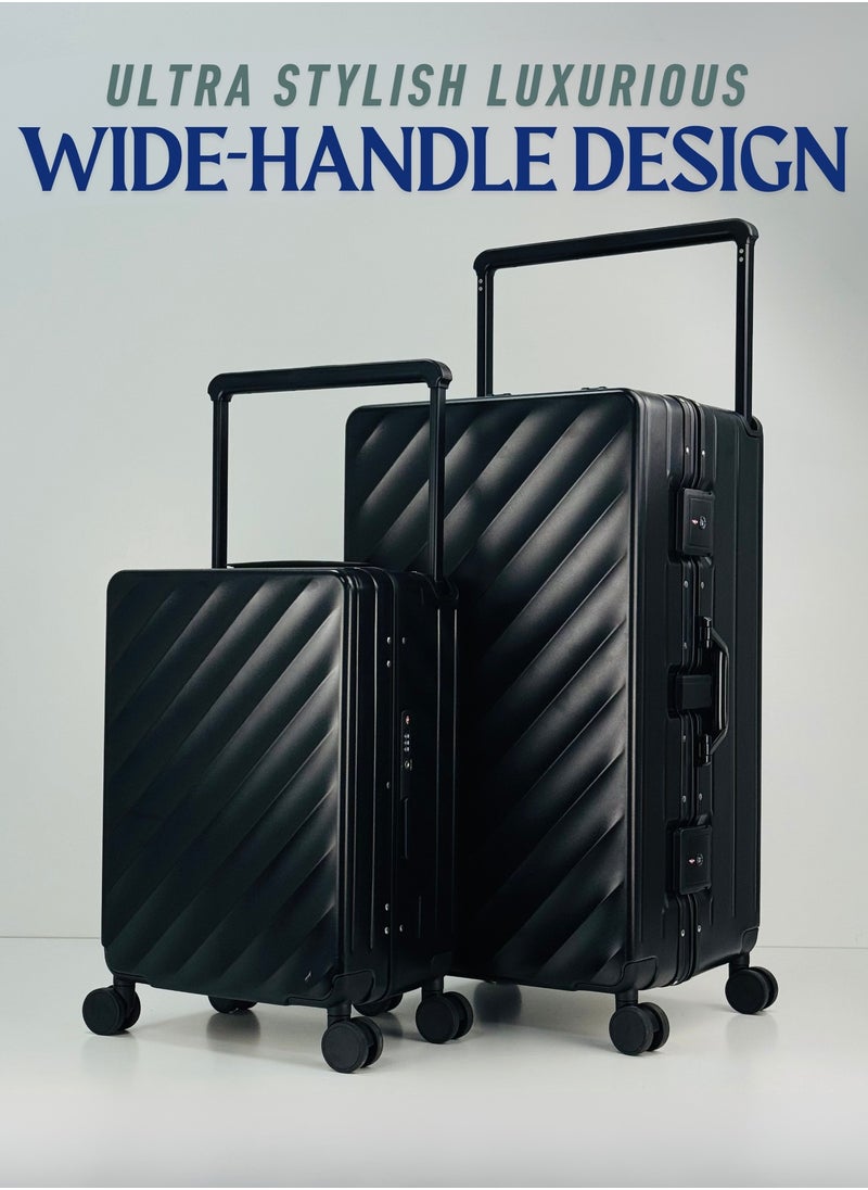 Light Weight Wide Handle Aluminum Frame Fashion Trolley Luggage Set of 2-piece Unbreakable Polypropylene and Polycarbonate Strong Hard Suit Case with Dual Strong TSA approved lock and 4 Quite 360° Double wheels and Original 100% Aluminum Frame with free protection Cover (Carry-on Luggage and Checked Luggage 20-Inch/28-Inch) - BLACK
