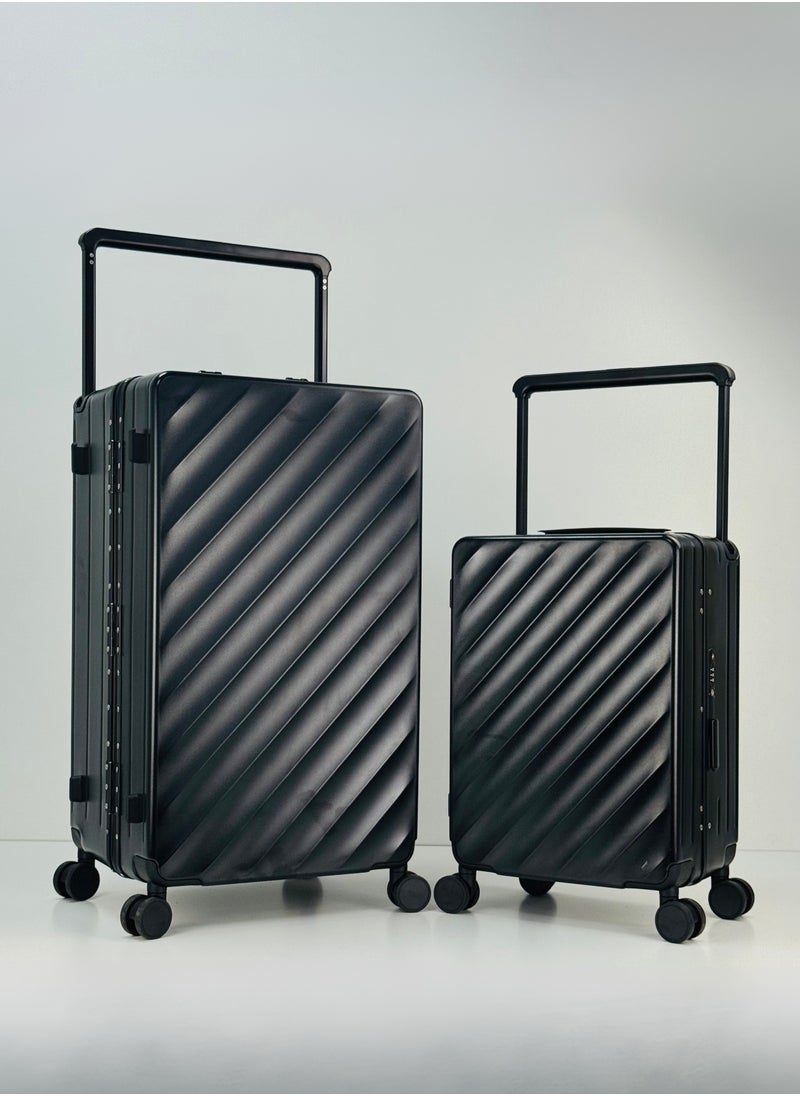 Light Weight Wide Handle Aluminum Frame Fashion Trolley Luggage Set of 2-piece Unbreakable Polypropylene and Polycarbonate Strong Hard Suit Case with Dual Strong TSA approved lock and 4 Quite 360° Double wheels and Original 100% Aluminum Frame with free protection Cover (Carry-on Luggage and Checked Luggage 20-Inch/28-Inch) - BLACK