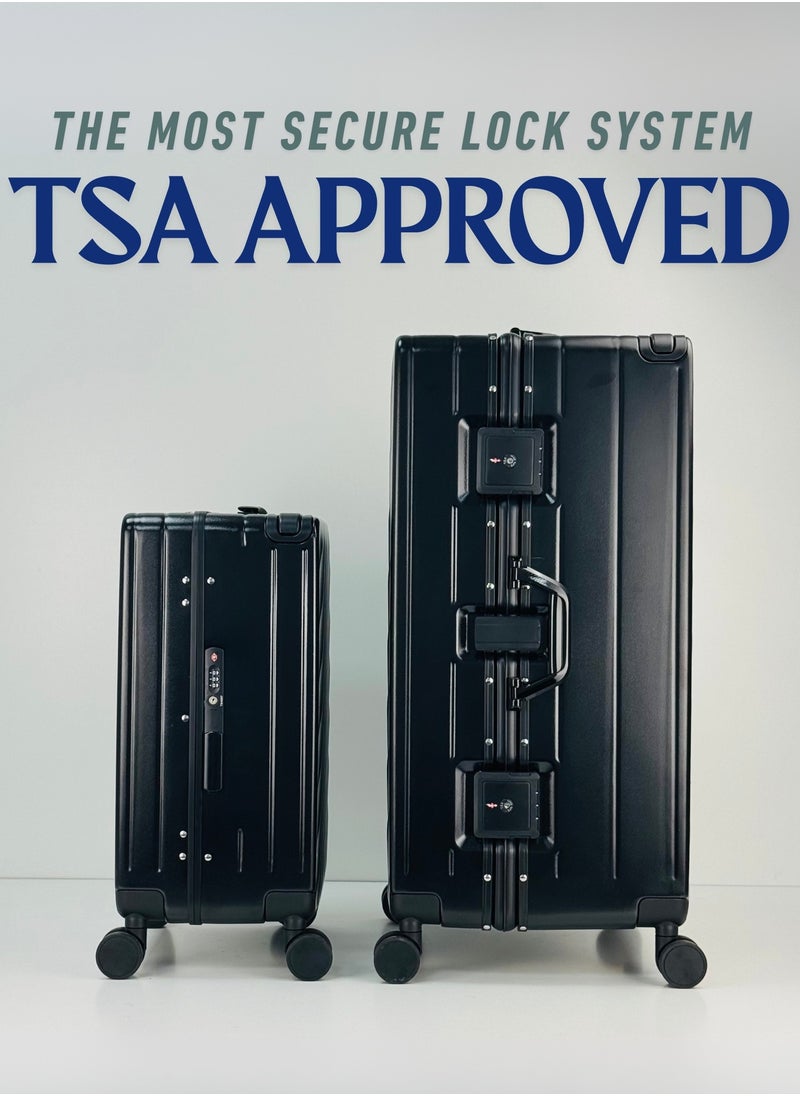 Light Weight Wide Handle Aluminum Frame Fashion Trolley Luggage Set of 2-piece Unbreakable Polypropylene and Polycarbonate Strong Hard Suit Case with Dual Strong TSA approved lock and 4 Quite 360° Double wheels and Original 100% Aluminum Frame with free protection Cover (Carry-on Luggage and Checked Luggage 20-Inch/28-Inch) - BLACK