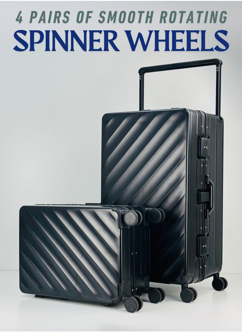 Light Weight Wide Handle Aluminum Frame Fashion Trolley Luggage Set of 2-piece Unbreakable Polypropylene and Polycarbonate Strong Hard Suit Case with Dual Strong TSA approved lock and 4 Quite 360° Double wheels and Original 100% Aluminum Frame with free protection Cover (Carry-on Luggage and Checked Luggage 20-Inch/28-Inch) - BLACK