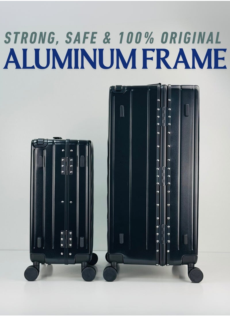 Light Weight Wide Handle Aluminum Frame Fashion Trolley Luggage Set of 2-piece Unbreakable Polypropylene and Polycarbonate Strong Hard Suit Case with Dual Strong TSA approved lock and 4 Quite 360° Double wheels and Original 100% Aluminum Frame with free protection Cover (Carry-on Luggage and Checked Luggage 20-Inch/28-Inch) - BLACK