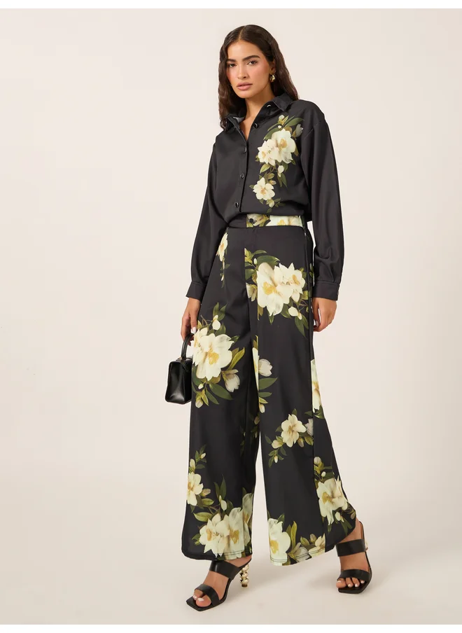 ستايلي Styli Floral Printed Satin Shirt and Wide Leg Trousers Co-Ords