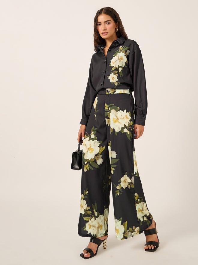 Styli Floral Printed Satin Shirt and Wide Leg Trousers Co-Ords