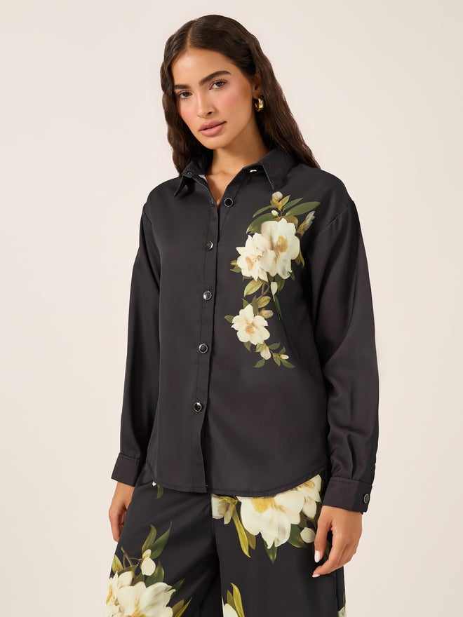 Styli Floral Printed Satin Shirt and Wide Leg Trousers Co-Ords