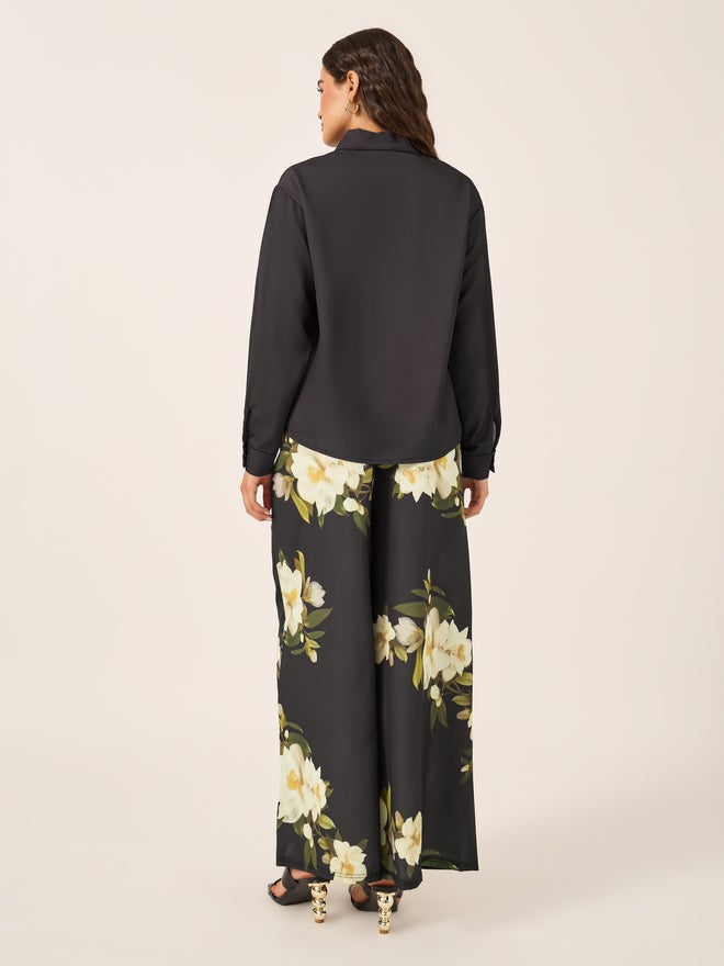 Styli Floral Printed Satin Shirt and Wide Leg Trousers Co-Ords