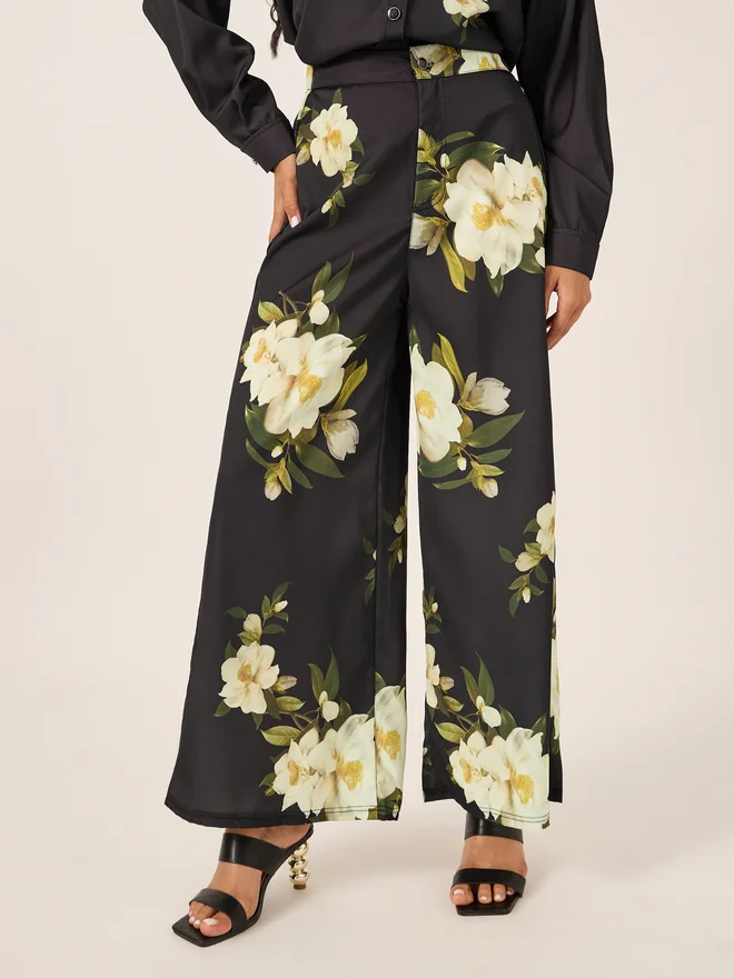 Styli Styli Floral Printed Satin Shirt and Wide Leg Trousers Co-Ords
