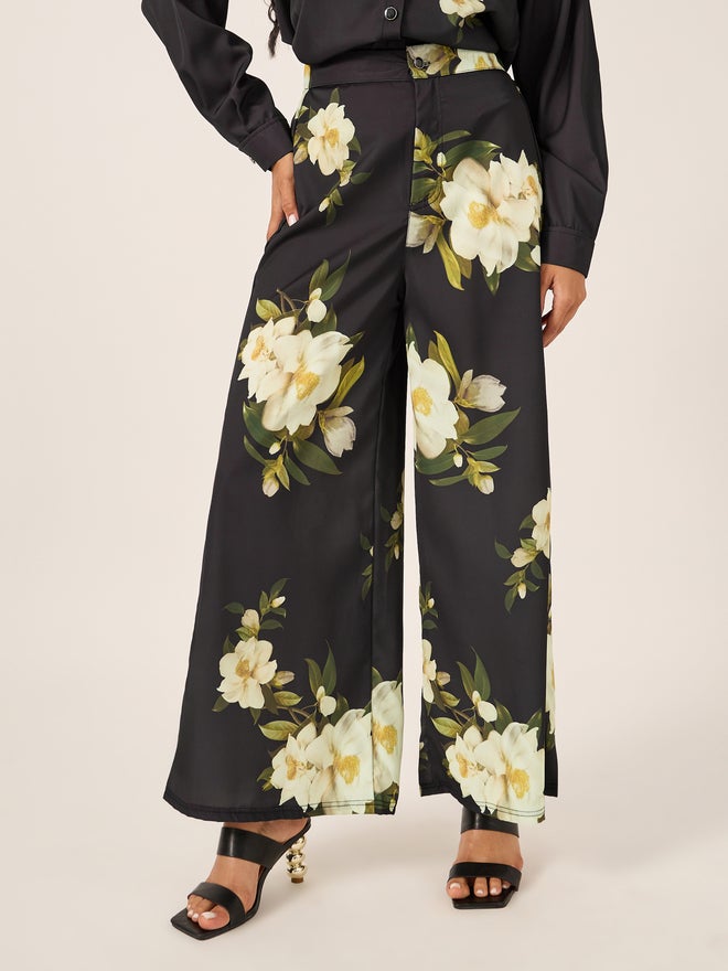 Styli Floral Printed Satin Shirt and Wide Leg Trousers Co-Ords