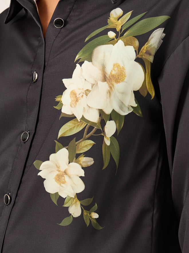 Styli Floral Printed Satin Shirt and Wide Leg Trousers Co-Ords