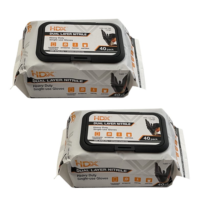 HDX Black Dual Layer 6ml Heavy Duty Disposable Nitrile Gloves 2 40 Packs 80 Gloves Total Large
