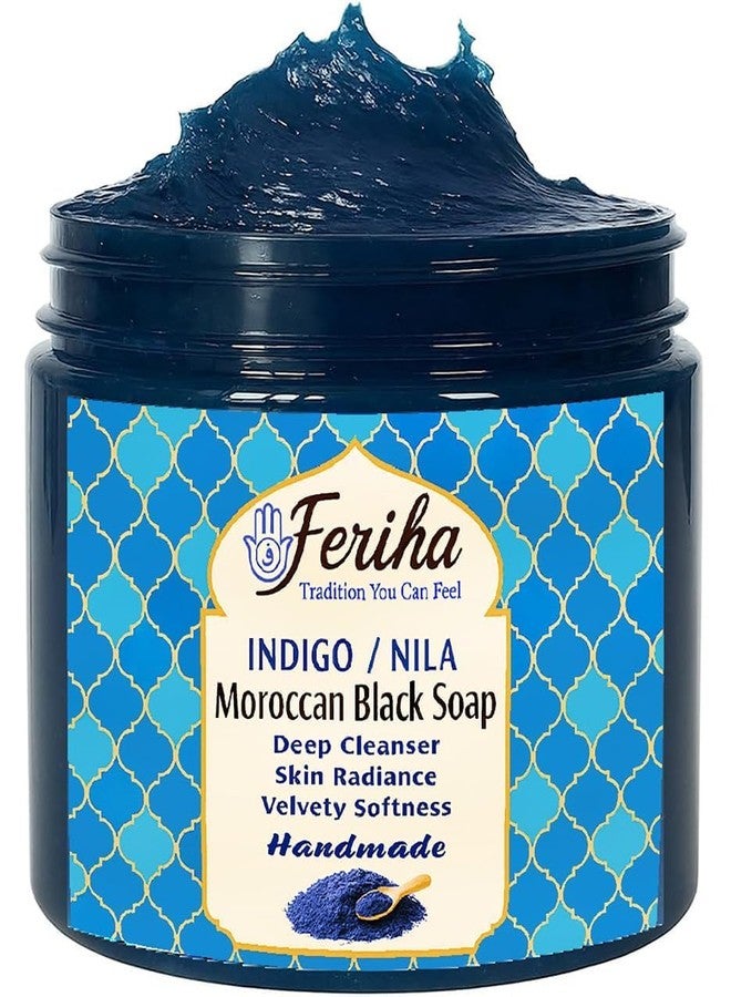 FERIHA Traditional Moroccan Black Soap with Moroccan Indigo (Nila) – Olive-Based Authentic Beldi Hammam Soap for Deep Cleansing & Exfoliation – Crafted in Morocco – 7 oz - Image 1
