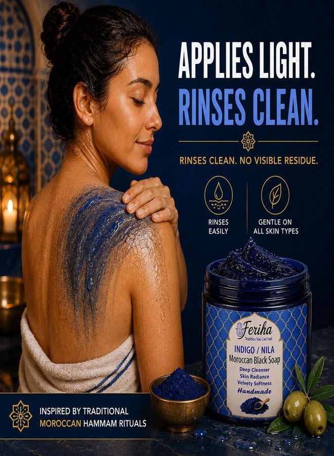FERIHA Traditional Moroccan Black Soap with Moroccan Indigo (Nila) – Olive-Based Authentic Beldi Hammam Soap for Deep Cleansing & Exfoliation – Crafted in Morocco – 7 oz - Image 4