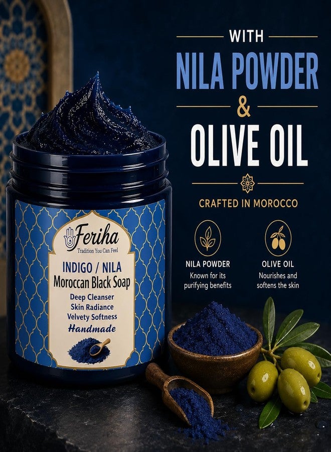 FERIHA Traditional Moroccan Black Soap with Moroccan Indigo (Nila) – Olive-Based Authentic Beldi Hammam Soap for Deep Cleansing & Exfoliation – Crafted in Morocco – 7 oz - Image 5