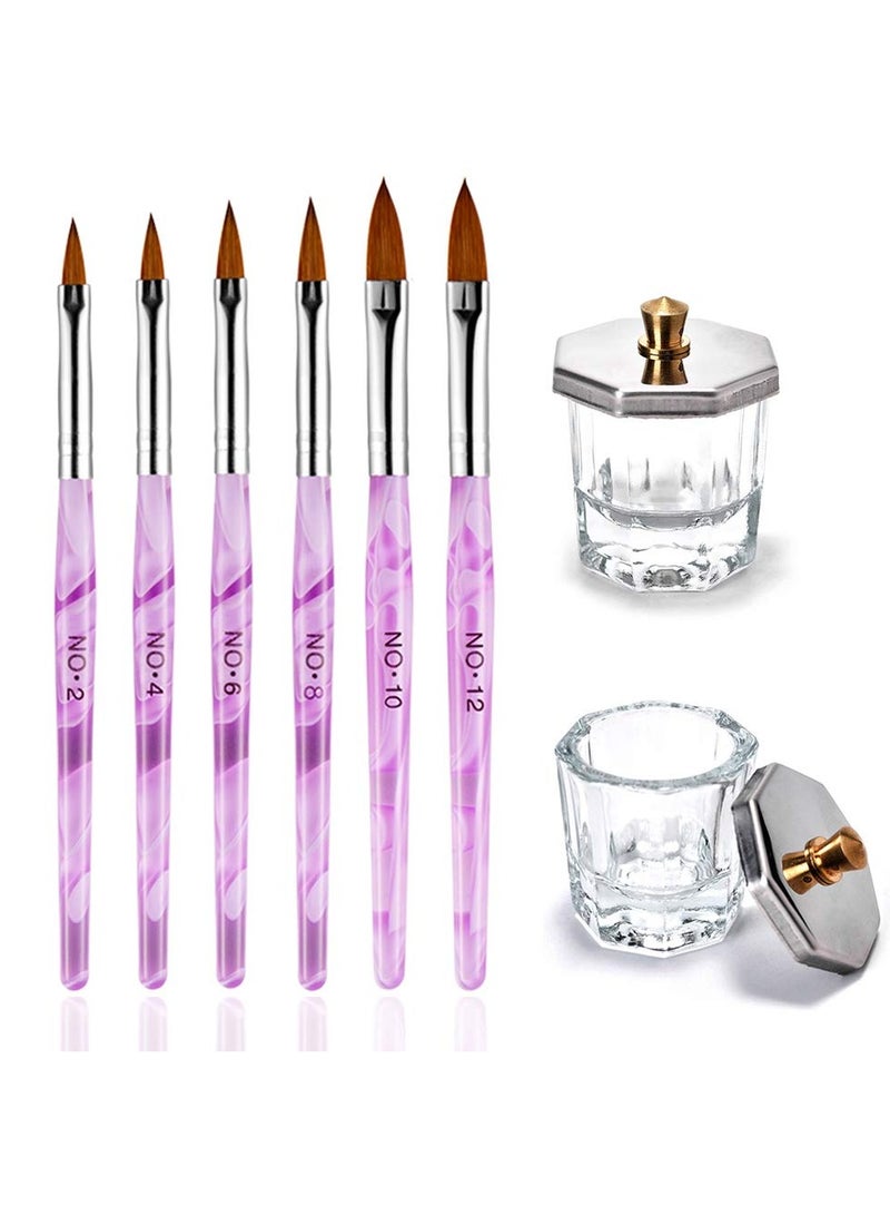 KASTWAVE 2Pcs Nail Art Dappen Dish with 6Pcs Acrylic Nail Brush Set, Acrylic Liquid Powder Styling Tool, Mini Glass Nail Cup with Lid Glass Crystal Bowl Acrylic UV Gel DIY Brush Nail Crystal Cup Set - Image 1