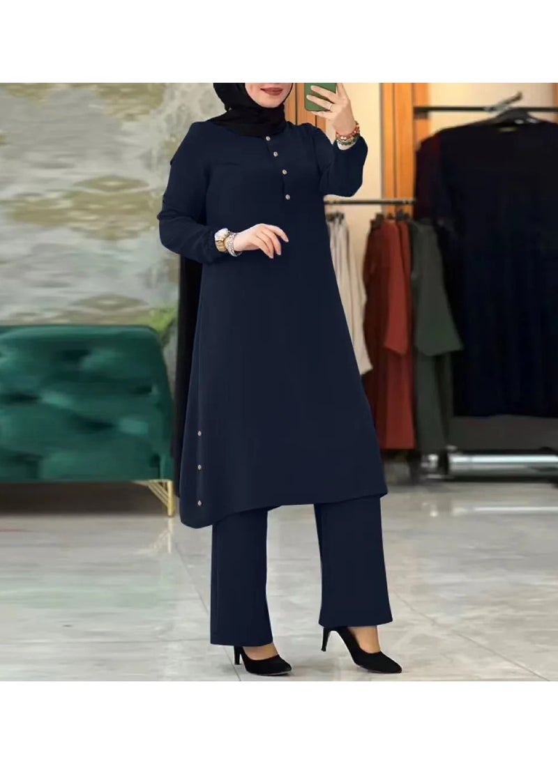 Generic - Solid Color Modest Blouse and Pants Set for Women - Image 1