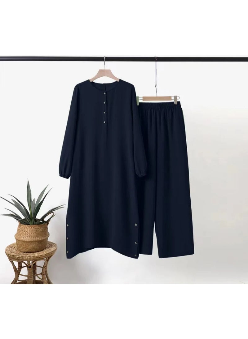Generic - Solid Color Modest Blouse and Pants Set for Women - Image 1