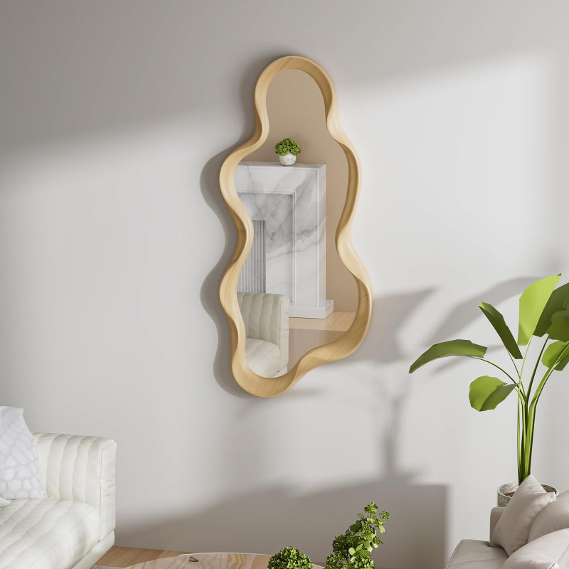 osemy Irregular Wall Mirror, Wooden Framed Wall Asymmetrical Wavy Wall Mirror for Living Room Bedroom Entryway Bathroom Modern Decorative with Hanging Hooks 30x14 Inch - Image 2
