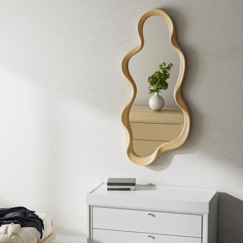 osemy Irregular Wall Mirror, Wooden Framed Wall Asymmetrical Wavy Wall Mirror for Living Room Bedroom Entryway Bathroom Modern Decorative with Hanging Hooks 30x14 Inch - Image 3