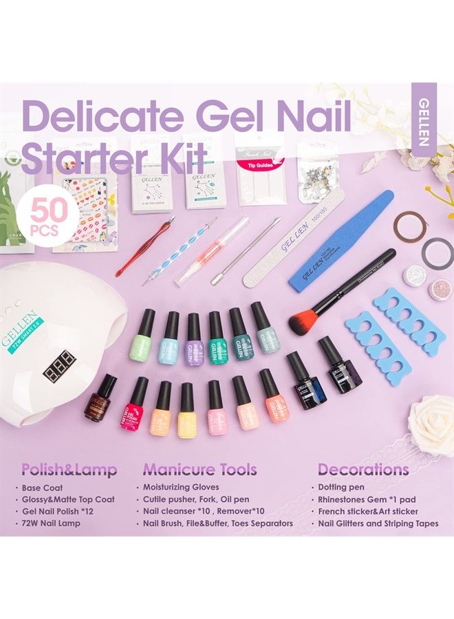 Gellen Gel Nail Polish Kit with Nail Light 72W Nail Dryer, 12 Gel Nail Polish Colors, No Wipe Top Base Coat, Nail Art Decorations, Manicure Tools, All-In-One Manicure Kit, Macaron Candy - Image 2