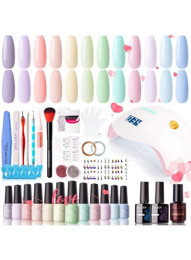 Gellen Gel Nail Polish Kit with Nail Light 72W Nail Dryer, 12 Gel Nail Polish Colors, No Wipe Top Base Coat, Nail Art Decorations, Manicure Tools, All-In-One Manicure Kit, Macaron Candy - Image 1