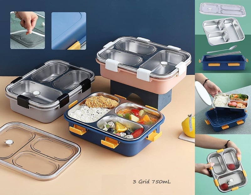 HaRvic HaRvic Lunch Box 3 Compartment LeakProof BPA Free Stainless Steel with Spoon for School Lunch Box for Kids Lunch Box for School Office with a Fork a Spoon and a Pair of Chopsticks  - Image 3
