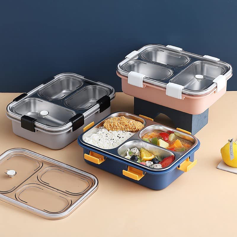 HaRvic HaRvic Lunch Box 3 Compartment LeakProof BPA Free Stainless Steel with Spoon for School Lunch Box for Kids Lunch Box for School Office with a Fork a Spoon and a Pair of Chopsticks  - Image 1