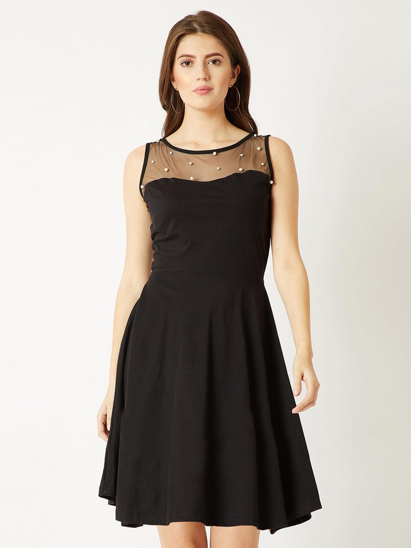 Miss Chase Women's Round Neck Sleeveless Cotton Sheer and Pearl Detailing Mini Skater Dress (MCSS25D93-21-415-04, Absolute Black, M) - Image 2