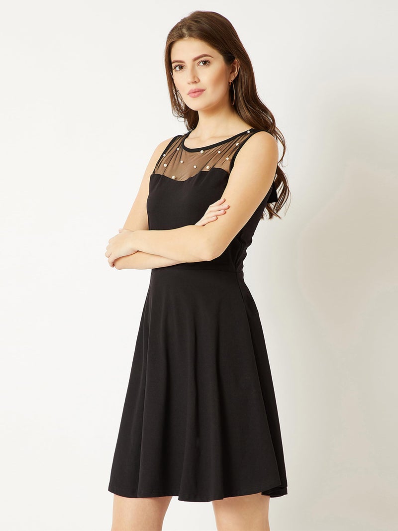 Miss Chase Women's Round Neck Sleeveless Cotton Sheer and Pearl Detailing Mini Skater Dress (MCSS25D93-21-415-04, Absolute Black, M) - Image 3