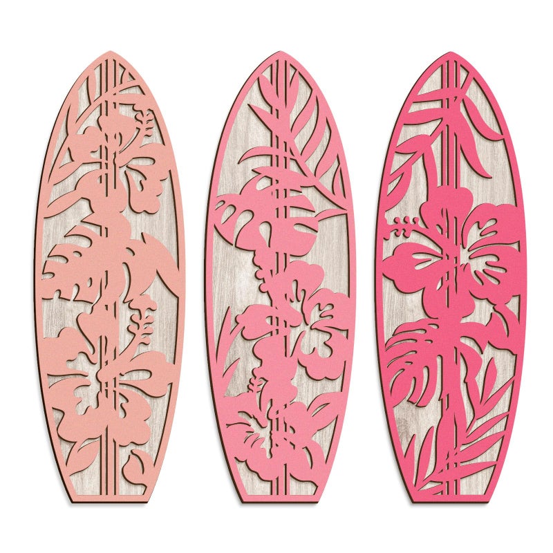 VGICH Hibiscus Surfboard Wall Decor - 3 Piece Wooden Beach Wall Art for Bedroom, Tropical Decor for Living Room(Pink) - Image 1