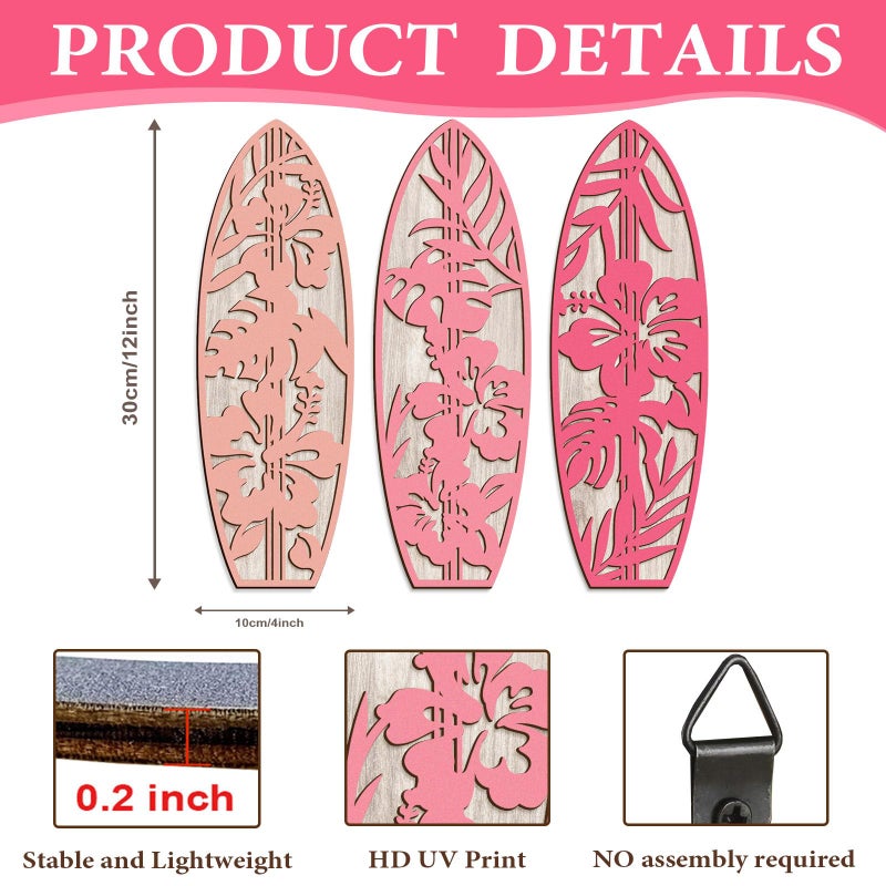 VGICH Hibiscus Surfboard Wall Decor - 3 Piece Wooden Beach Wall Art for Bedroom, Tropical Decor for Living Room(Pink) - Image 3