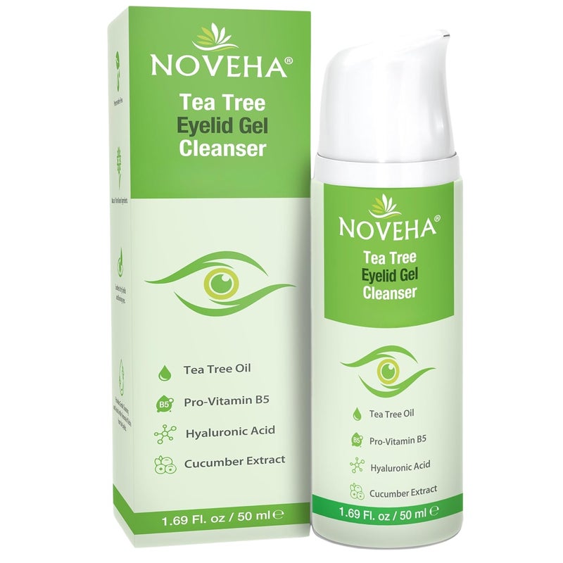 NOVEHA Tea Tree Eyelid Gel Cleanser  for Blepharitis MGD and Dry Eye with ProVitamin B5 Hyaluronic Acid and Cucumber Extract  Gentle Cleansing Soothes Itchy Eyelid and Burning Eyes  50mL