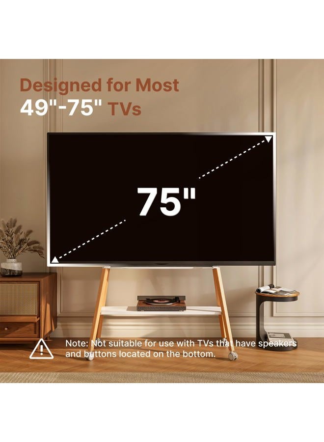ECOTINY Rolling TV Stand for 49 to 75 Inch TV up to 40 kg, Easel TV Stand with Metal Structure and Wooden Shelf, Moveable TV Cart on Wheels for Business, Office, School, Home, White - Image 2