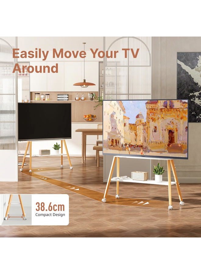 ECOTINY Rolling TV Stand for 49 to 75 Inch TV up to 40 kg, Easel TV Stand with Metal Structure and Wooden Shelf, Moveable TV Cart on Wheels for Business, Office, School, Home, White - Image 4