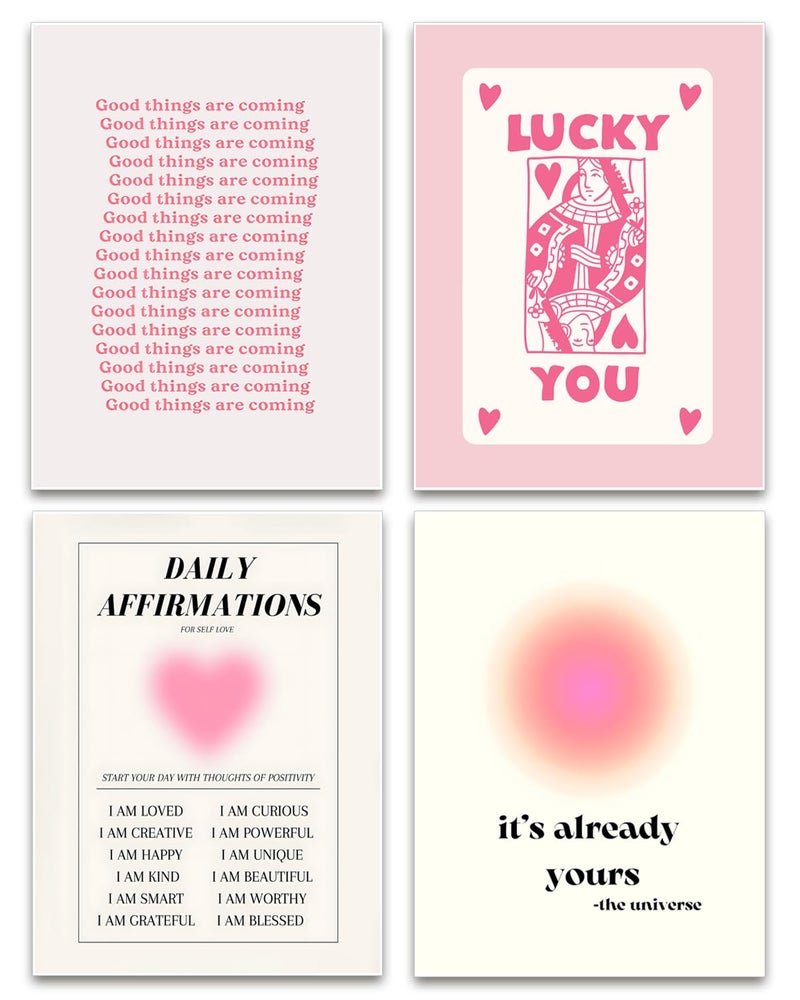 Hwetui Trendy Aesthetic Preppy Pink Queen Poker Posters Modern Minimalist Inspirational Abstract Aura Angel Numbers Wall Art Heart Shape Canvas Prints Lucky You Painting picture decor12"x16"x4Unframed