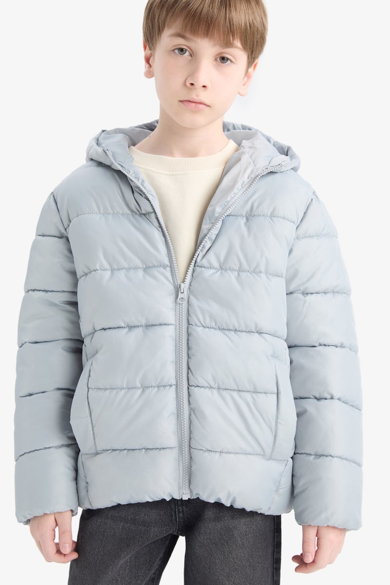 DeFacto Grey Boy Boy Waterproof Hooded Zippered Puffer Jacket Casual - Image 1