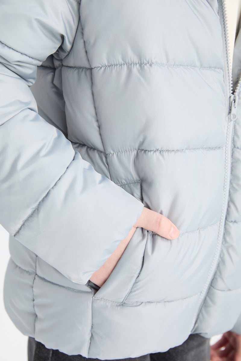 DeFacto Grey Boy Boy Waterproof Hooded Zippered Puffer Jacket Casual - Image 5