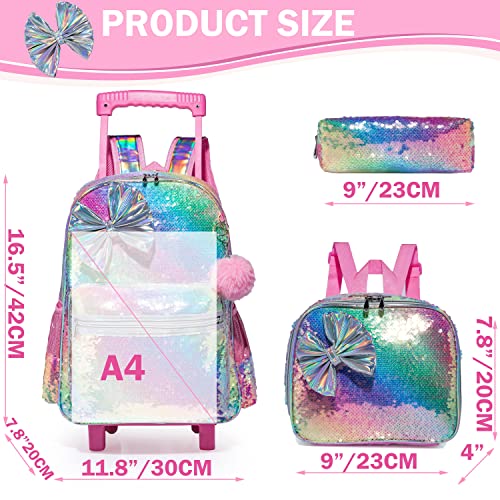 Meetbelify Bowknot Rolling Backpack for Girls Roller Backpacks with Wheels Kids Wheeled Sequin Suitcase Trolley Trip Luggage for Elementary Kindergarten Student with Lunch Box Pencil Case for Kids 5-12 Years Old - Image 2
