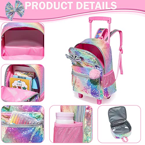 Meetbelify Bowknot Rolling Backpack for Girls Roller Backpacks with Wheels Kids Wheeled Sequin Suitcase Trolley Trip Luggage for Elementary Kindergarten Student with Lunch Box Pencil Case for Kids 5-12 Years Old - Image 4