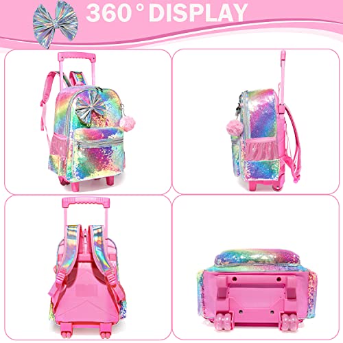 Meetbelify Bowknot Rolling Backpack for Girls Roller Backpacks with Wheels Kids Wheeled Sequin Suitcase Trolley Trip Luggage for Elementary Kindergarten Student with Lunch Box Pencil Case for Kids 5-12 Years Old - Image 3
