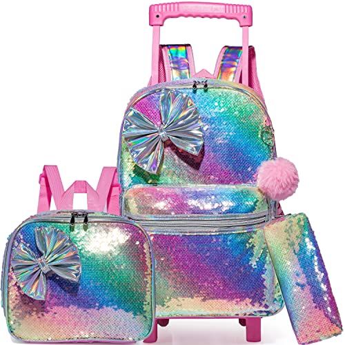 Meetbelify Bowknot Rolling Backpack for Girls Roller Backpacks with Wheels Kids Wheeled Sequin Suitcase Trolley Trip Luggage for Elementary Kindergarten Student with Lunch Box Pencil Case for Kids 5-12 Years Old - Image 1