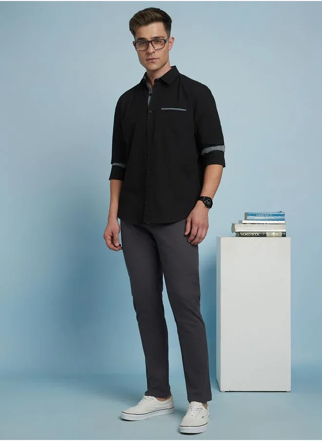 Dennis Lingo Classic Black Regular Fit Full Sleeve Shirt for Men featuring chambray detailing on the collar, cuffs, and placket, crafted from 100% cotton for a refined yet comfortable everyday style.