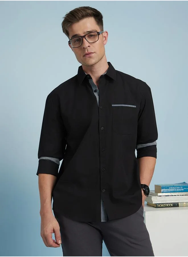 دينيس لينغو Classic Black Regular Fit Full Sleeve Shirt for Men featuring chambray detailing on the collar, cuffs, and placket, crafted from 100% cotton for a refined yet comfortable everyday style.