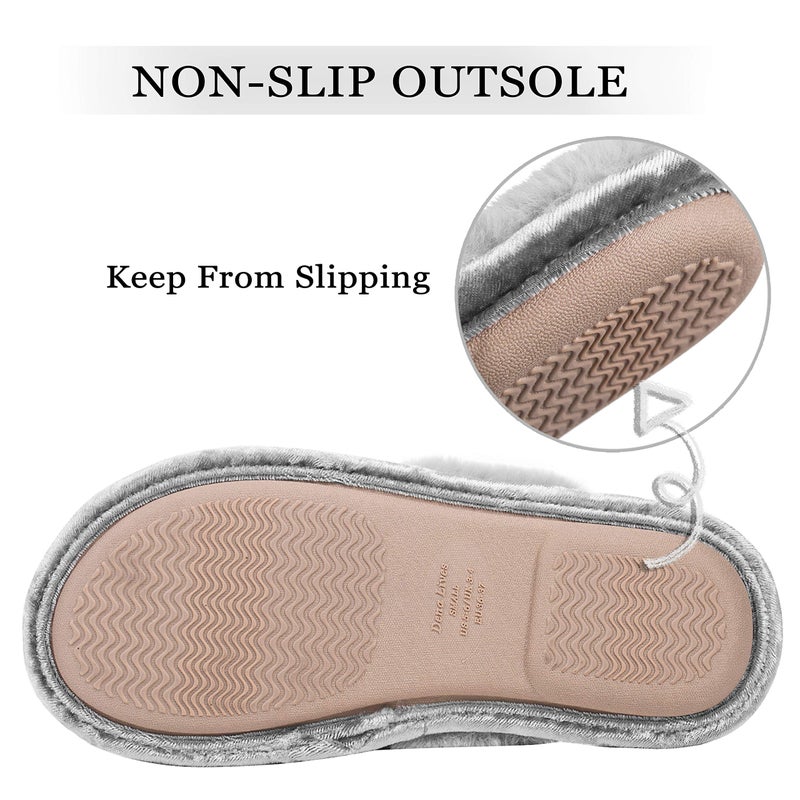 DL Womens-House-Slippers-Memory-Foam, Fluffy Velvet Slip on Scuff Slippers for Women Indoor, Warm Furry Ladies Bedroom Slippers with Non Slip Outsole Pink Gray - Image 5