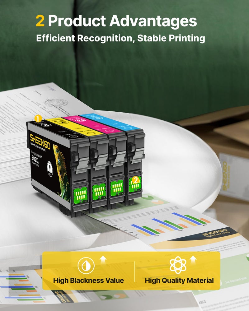 SHEENGO 802XL Ink Cartridges Combo Pack 802 XL T802 T802XL Remanufactured for Epson 802 Ink cartridges for Epson Printer Workforce Pro WF-4740 WF-4730 WF-4720 WF-4734 EC-4020 (Black Cyan Yellow Magenta, 4P) - Image 4