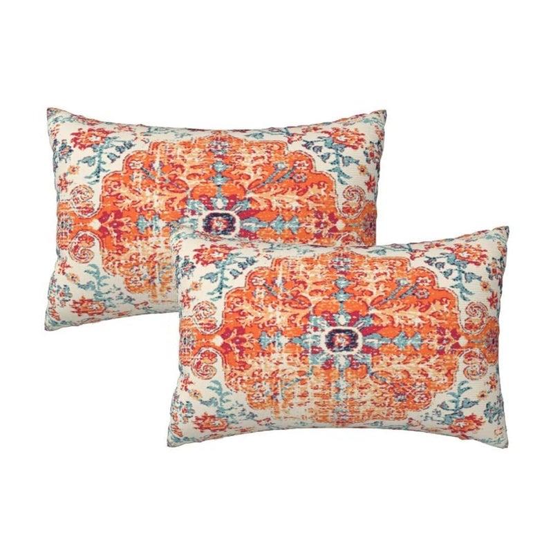 Sunshineyan Boho Throw Pillow Covers 12 x 20 Set of 2  Orange Blue Ethnic Design Pillow Covers Farmhouse Carpet Pattern Rustic Cushion Cases Decorative Gifts for Couch Sofa Indoor Outdoor - Image 1