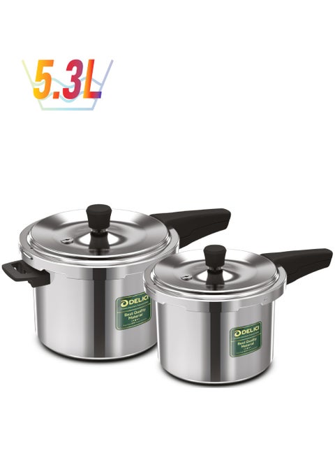 5Ltr + 3LtrLiters Aluminum Pressure Cooker Combo (5Ltr + 3Ltr), Dripless Design With Superior 8011 Grade Virgin Aluminum, Smart Spillage Control, Heat-Proof Bakelite Handles And Lead-Free Safety Valve, 5 Year warranty Silver