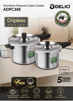 DELICI 5Ltr + 3LtrLiters Aluminum Pressure Cooker Combo (5Ltr + 3Ltr), Dripless Design With Superior 8011 Grade Virgin Aluminum, Smart Spillage Control, Heat-Proof Bakelite Handles And Lead-Free Safety Valve, 5 Year warranty Silver  - Image 2
