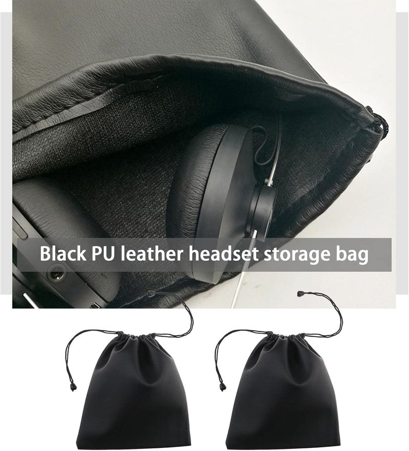 ECSiNG 2PCS Headphone Storage Bag Headset Drawstring Pouch PU Leather Earphone Carrying Bag Waterproof Lightweight Protective Case 22x20cm Black - Image 2