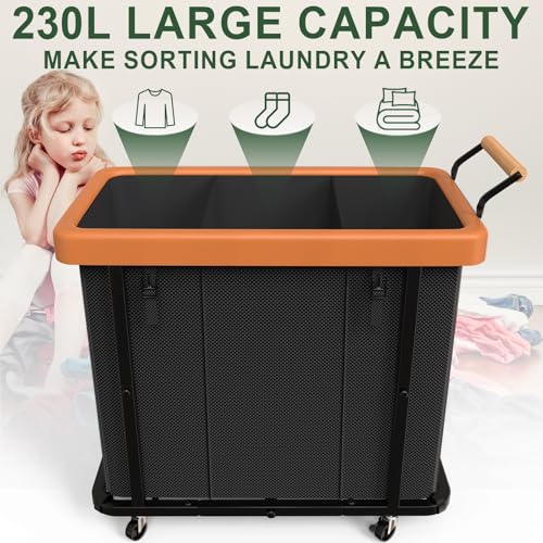 kunlabori 230L 60 Gal Extra Large Fashion Laundry Sorter 3 Section with Lid Rolling Laundry Basket Hamper with Handle Laundry Organizer Storage Cart with Sturdy Metal Frame for Laundry Room Hotel Black - Image 3